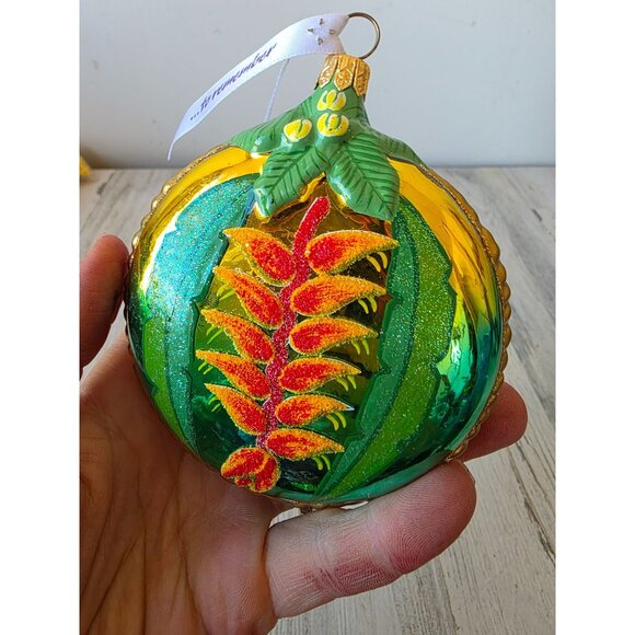 Bird of paradise flower glass ornament remember Poland glitter gold Xmas tree - Picture 4 of 9